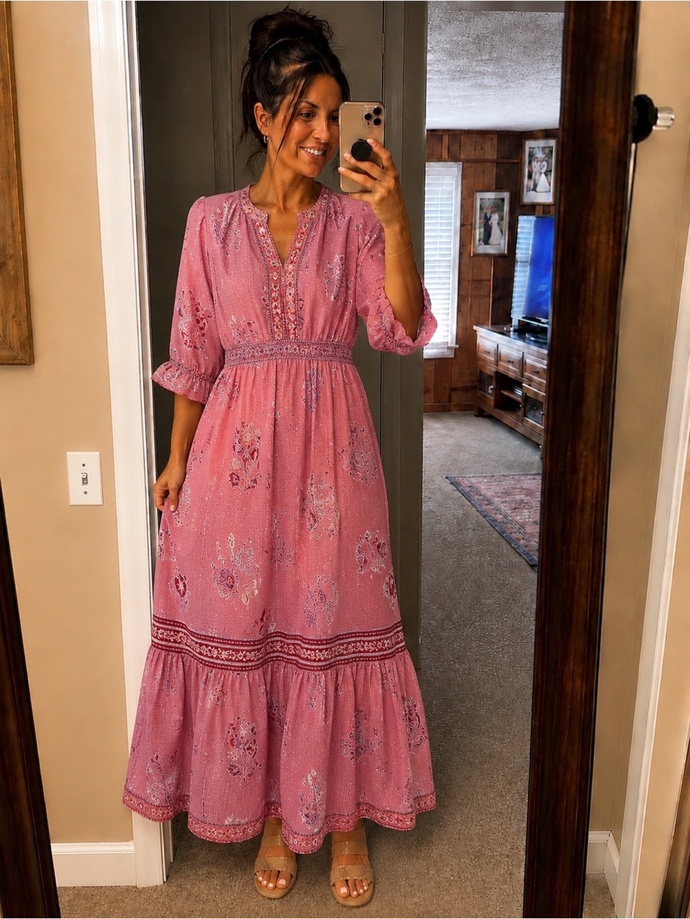 Umgee Pink Floral Tiered Maxi Dress with Smocked Waistband SO Pretty!